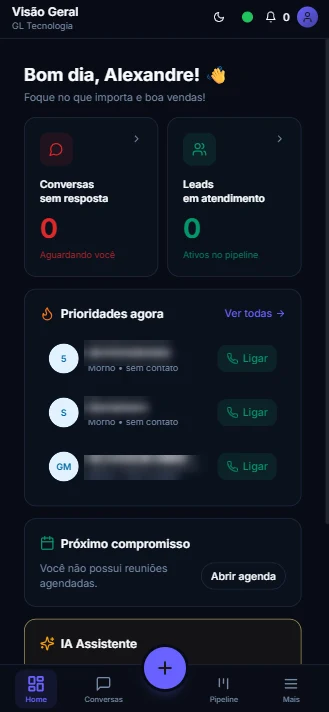 Visão geral no celular com prioridades do dia